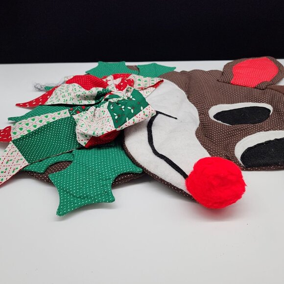 Vintage Handmade Reindeer Wall Hanging With Bow Christmas Decor Brown Red Fabric - Picture 3 of 6
